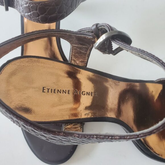 Etienne Aigner Brown Croc Embossed Women's Strappy Leather Sandal sz. 9.5M - Picture 5 of 16